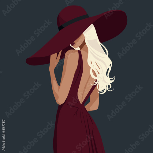 Vector flat fashion illustration of a young blonde woman wearing a hat and an elegant backless dress.
