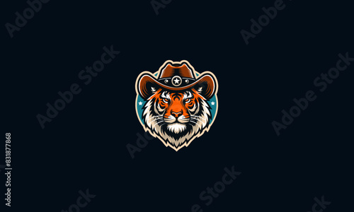 head tiger wearing hat cowboy vector flat design logo