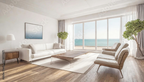 A spacious living room adorned with pristine white walls and expansive windows that unveil a mesmerizing vista of the cerulean ocean.