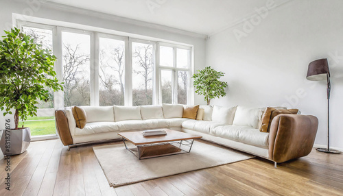 A room with white walls and a large window. A long sofa is placed in the room. Trees can be seen from the window. It is a very luxurious room.  photo