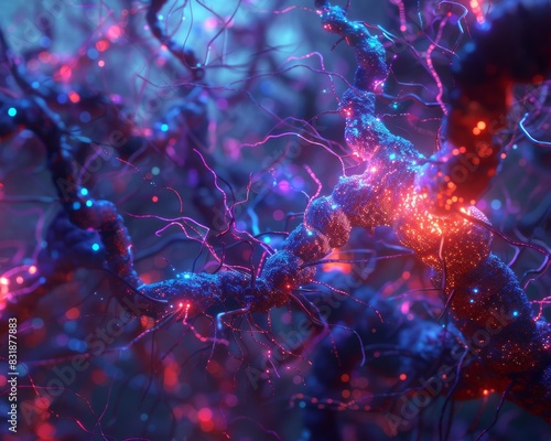 Illuminate a network of intricate, glowing neural pathways with dynamic lighting and shadow play Capture the complexity and wonder of the human brain in a digital 3D rendering