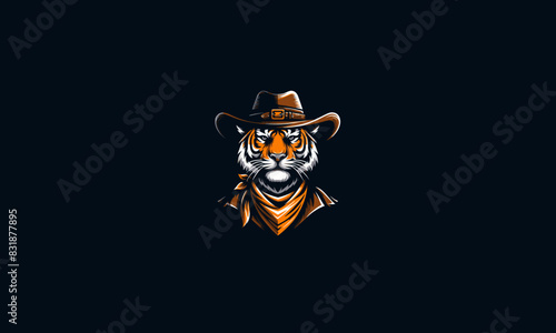 head tiger wearing hat cowboy vector flat design logo