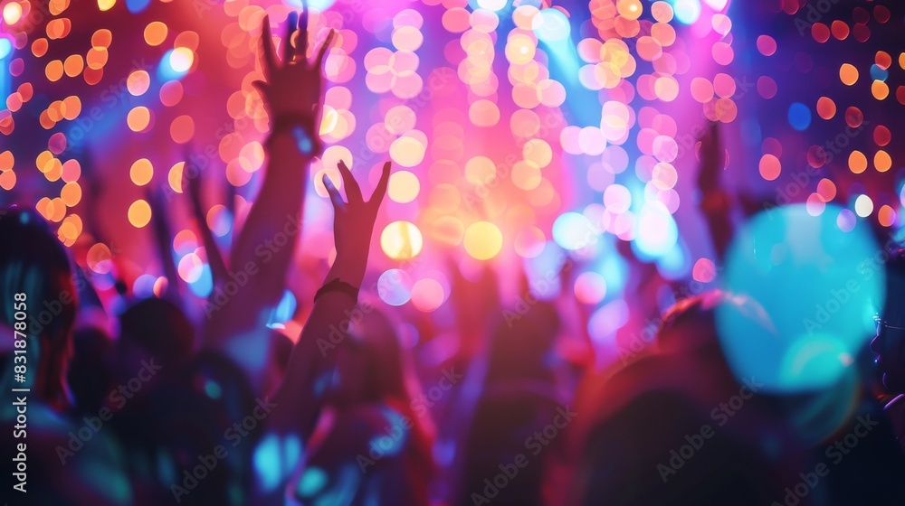 A couple is dancing in a crowded room with bright lights and blurry background A couple is dancing in a crowded room with bright lights and blurry background