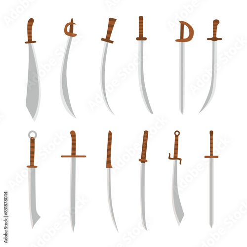 Set different types of swords collection, medieval swords blades shapes edges curvatures varieties knife dagger weapon with claymore, dadao, katana, rapier, saber, Scimitar and kodachi. photo