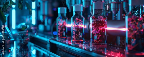 Create a futuristic Astrobiology Lab with advanced scientific equipment and glowing specimens under a neon light photo