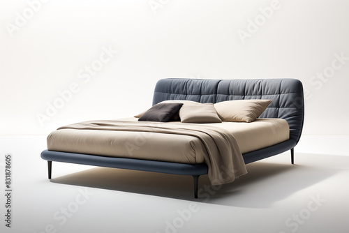 Elegant modern bed with blue leather headboard and beige linen bedding photo