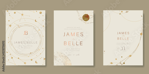 Beige and pink Luxury Wedding Invitation, start invite thank you, rsvp modern card Design in Night sky with  little star moon sun and space decorative Vector elegant rustic template