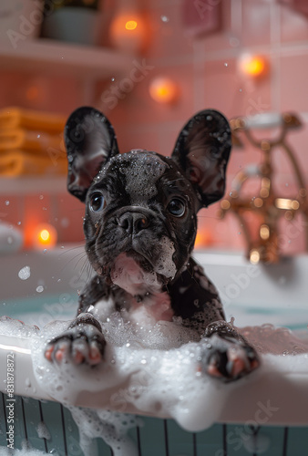 French bulldog taking bath with soap foam