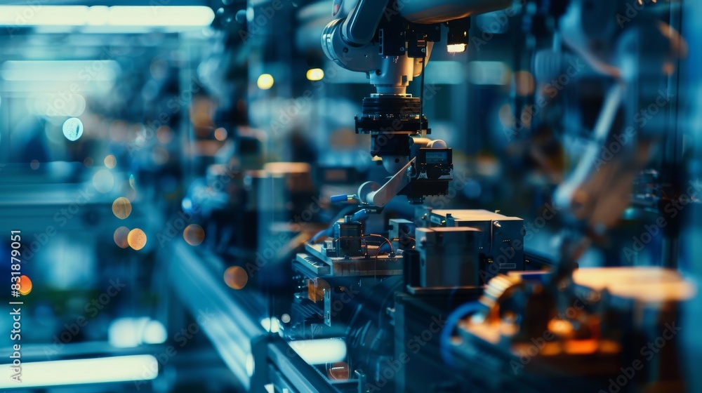 Automated assembly line in factory close up, focus on, copy space, vibrant colors, Double exposure silhouette with robots Automated assembly line in factory close up, focus on, copy space, vibrant colors, Double exposure silhouette with robots