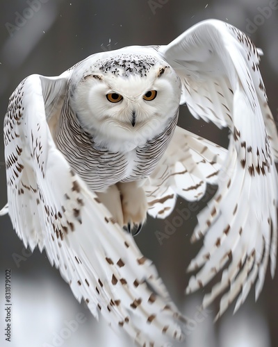 A closeup of a snowy owl in flight photo