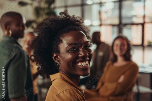 Portrait of smiling afro american businesswoman with colleagues in background