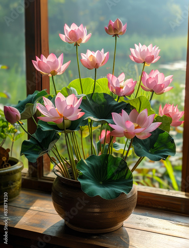 Wallpaper Mural Pink lotus flowers blooming in pot on wooden table and window with natural background Torontodigital.ca