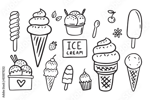 Ice cream Hand drawn doodle set. Different types, waffle cone, cup ice cream, popsicle, sundae. Sketch style cafe menu, card, birthday card decoration.