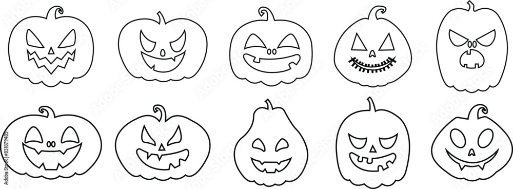Obraz premium Set of linear Smiling cartoon lantern faces. Cute Halloween Pumpkin icons. Halloween pumpkin day symbols editable stock. Holiday character in the shapes of pumpkin isolated on transparent background.