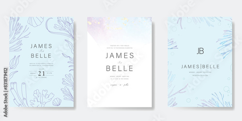 light blue Luxury Wedding Invitation, start invite thank you, rsvp modern card Design in sea coral and seaweed decorative Vector elegant rustic template