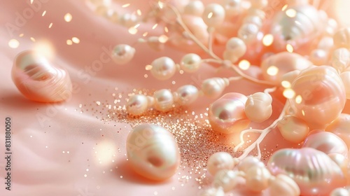 A pastel coral pink background featuring a spray of peach and ivory pearls, enhanced with rose gold glitter, suitable for a sophisticated baby girl birth announcement. © Sundas