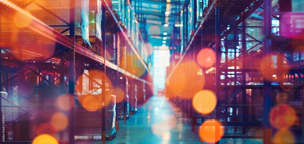 Fototapeta premium Logistics in manufacturing plant close up, focus on, copy space, vibrant colors, Double exposure silhouette with storage racks