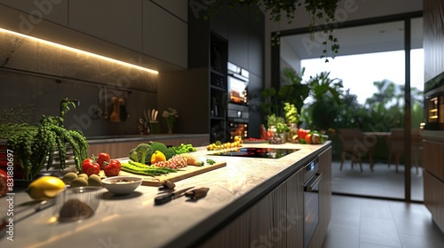 Interactive digital kitchen countertop displaying healthy recipes and nutritional information in a modern home setting photo