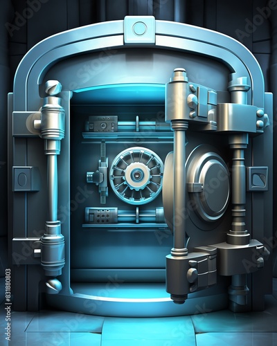 Intellectual Property A vault with glowing patents and copyrights, guarded by a digital lock and key