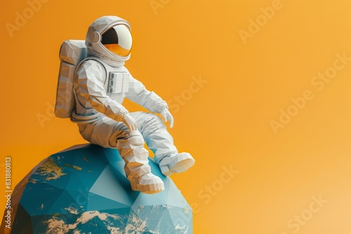 Concept stereoscopic image. Low poly earth and astronaut model isolated on orange background photo
