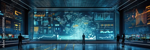 Panoramic view of a futuristic AI-driven financial forecasting center, massive digital screens displaying dynamic data analysis