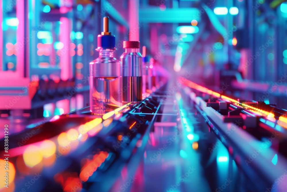 Automated tools in production line close up, focus on, copy space, vibrant colors, Double exposure silhouette with conveyor belts Automated tools in production line close up, focus on, copy space, vibrant colors, Double exposure silhouette with conveyor belts