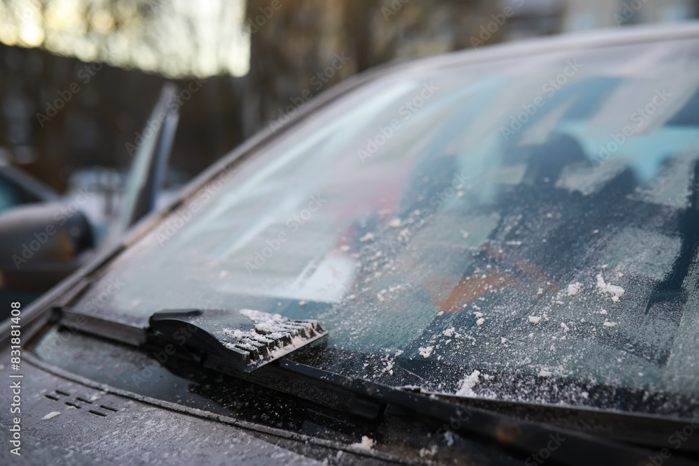 Frost on the car. First frost, car window covered in ice. Frost on the car. First frost, car window covered in ice.