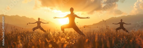 Virtual reality fitness class with avatars performing yoga poses in a serene digital environment, sunrise over digital mountains photo