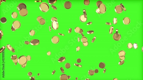 Gold coins falling animation 3d motion on green background. Money drop 3d animation
