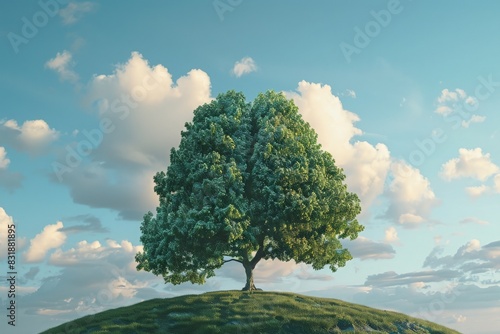 3D illustration of tree with lung shaped foliage growing on green hill against cloudy blue sky in countryside