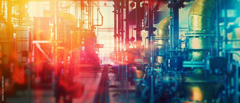 Fototapeta premium Hightech industrial equipment close up, focus on, copy space, vibrant colors, Double exposure silhouette with machinery