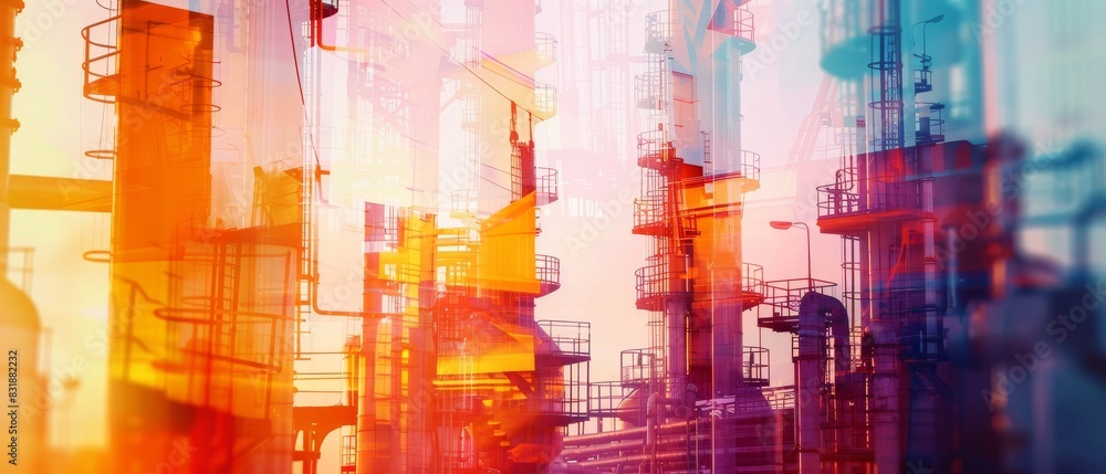 Crude oil processing equipment close up, focus on, copy space, vibrant colors, Double exposure silhouette with distillation columns