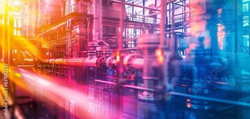 Modern manufacturing plant technology close up  focus on  copy space  vibrant colors  Double exposure silhouette with machinery