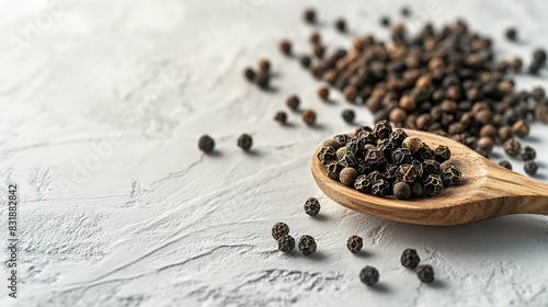 black peppercorns in wooden spoon and scattered on white table background photo