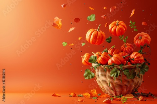 A basket full of pumpkins and leaves on a bright orange background