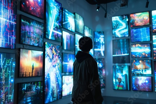 Man looks at NFT crypto artwork in a museum. The art is shown on screens hanging on the walls of the room