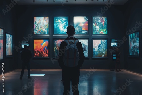 Man looks at NFT crypto artwork in a museum. The art is shown on screens hanging on the walls of the room