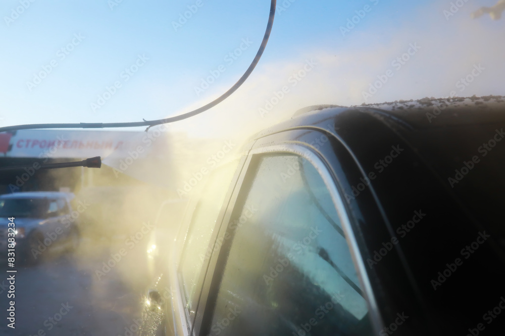 Naklejka premium Self-service express car wash. Outdoor high pressure washing for cars.