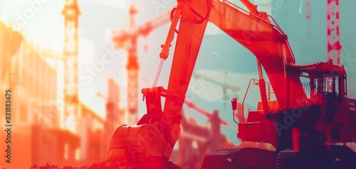 Heavyduty industrial equipment close up, focus on, copy space, vibrant colors, Double exposure silhouette with construction sites photo