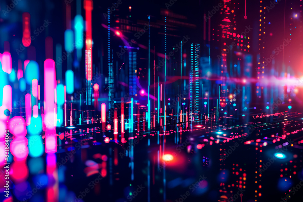 An abstract representation of stock market fluctuations with neon lights and digital graphs.