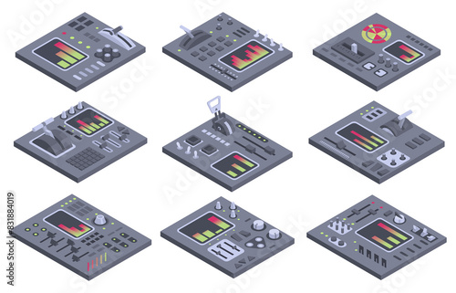 Fototapeta Naklejka Na Ścianę i Meble -  Isometric control panels spaceship with sliders, controllers, buttons. 3d dashboards on white background. Aircraft toggle switches panel illustration