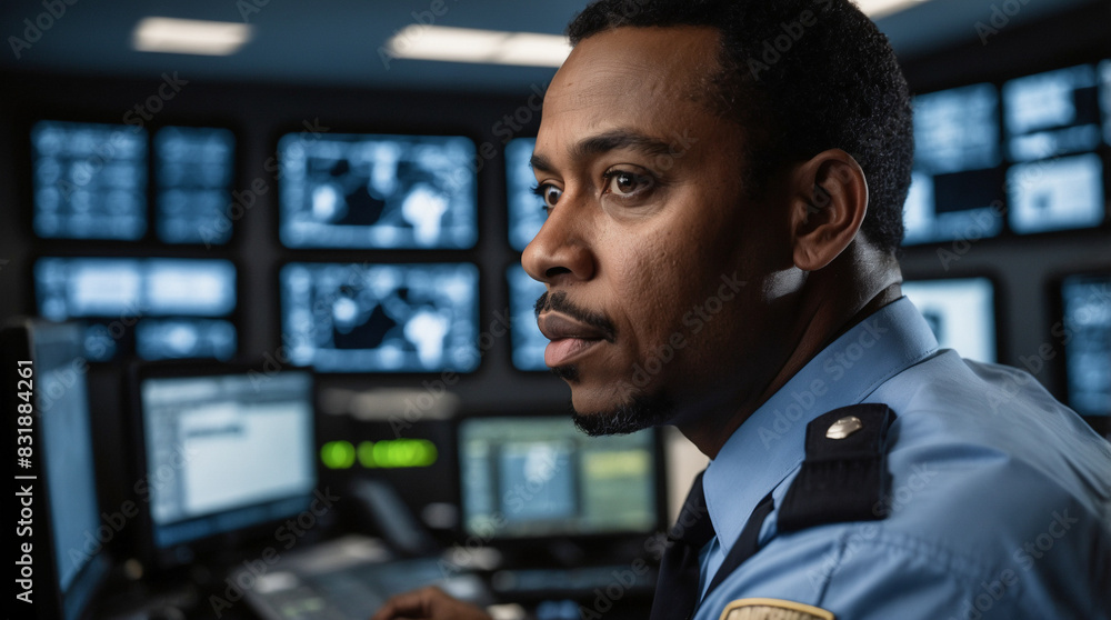A man in a police uniform monitors screens in a control room, overseeing the operations with meticulous attention to detail A man in a police uniform monitors screens in a control room, overseeing the operations with meticulous attention to detail