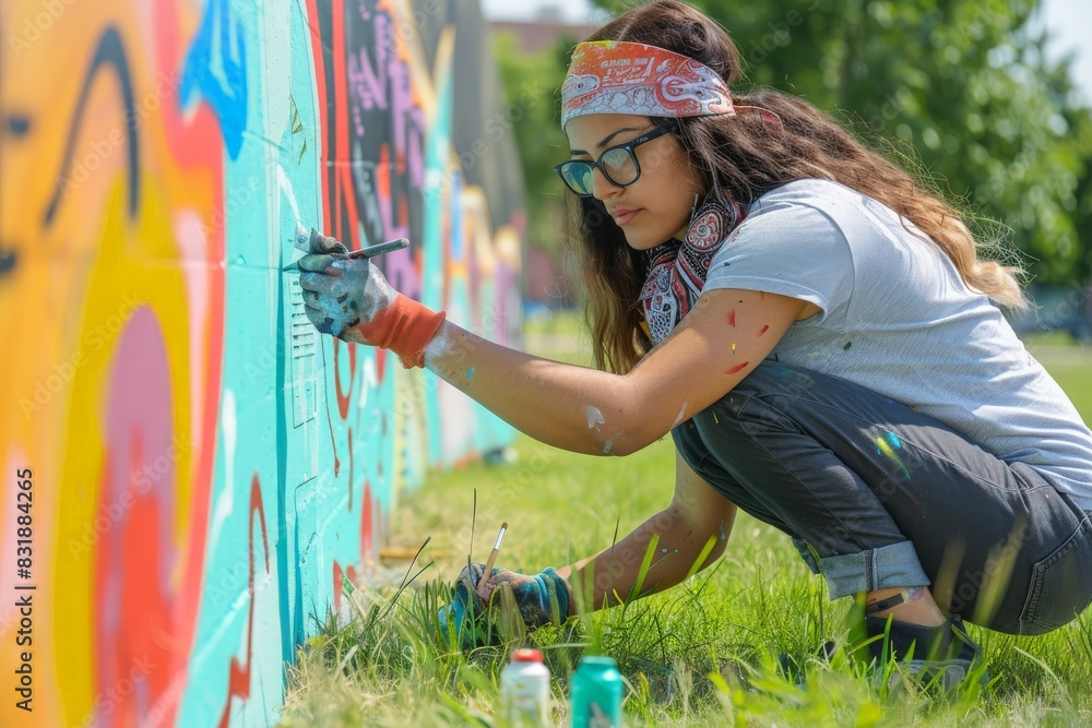 Fototapeta premium Young Latin woman creating outdoor mural on the lawn. She is dressed in casual outfit, wearing bandana and eyeglasses. Exterior of public park in the city