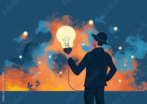 Curious Man with Lightbulb Idea Finding Solution, New Invention or Opportunity - Innovation, Creativity, Curiosity, Problem Solving Concept