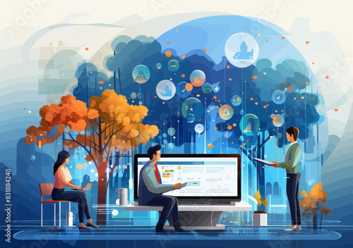 Diverse Team Using CRM Software for Customer Relationship Management, Social Listening, Client Analysis - Flat Vector Illustration