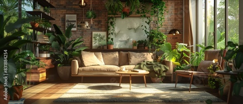 Craft a photorealistic 3D rendering of a cozy living room that seamlessly merges with a lush indoor garden, featuring an abundance of plants and warm earth tones