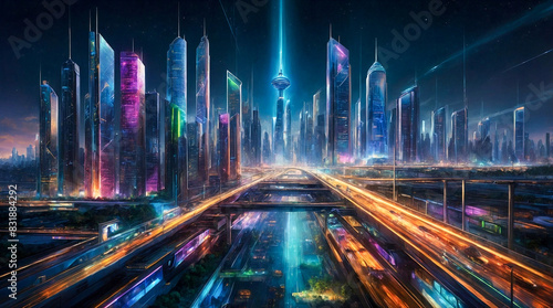 Behold a bustling metropolis of soaring skyscrapers  where futuristic technology and design converge in a harmonious skyline of towering buildings