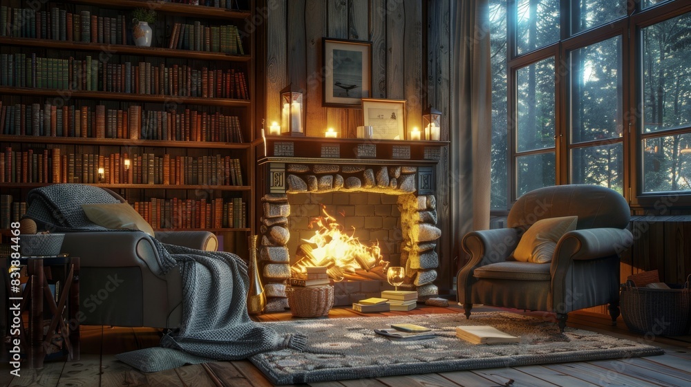 Design a cozy reading nook by a fireplace, with plush armchairs and shelves full of books, evoking warmth and comfort through a realistic 3D rendering