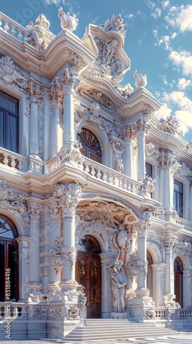 Magnificent rendering of Baroque architecture in 3D, showcasing intricate facades, towering columns, and dramatic embellishments characteristic of the Baroque style, presented in a vertical 9:16 © Dee