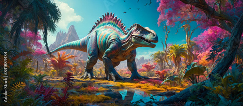 A vibrant painting depicting a colossal dinosaur roaming through a lush jungle filled with towering trees and exotic plants photo